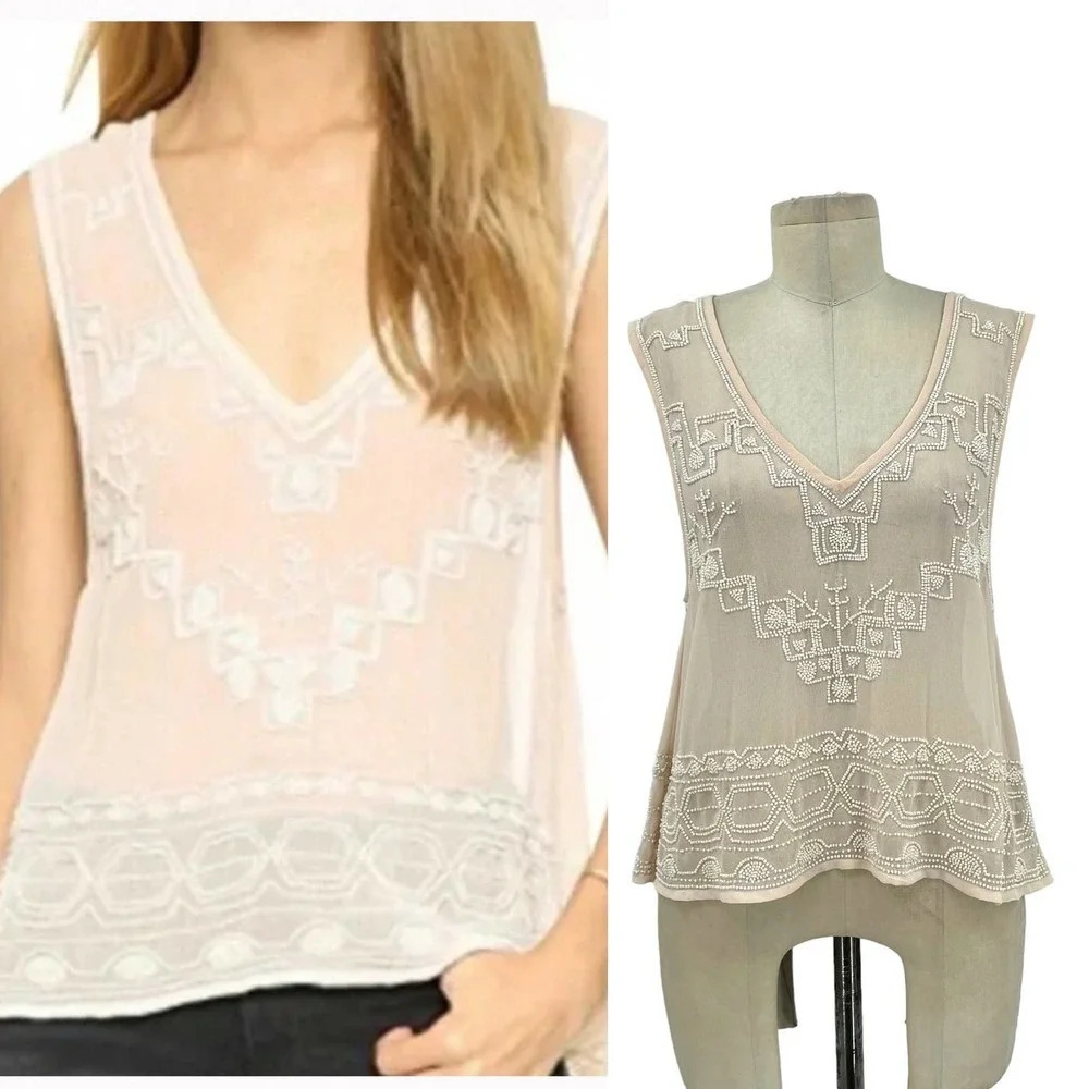 Free‎ People Pale Pink Beaded Sheer Tank Top Size XS